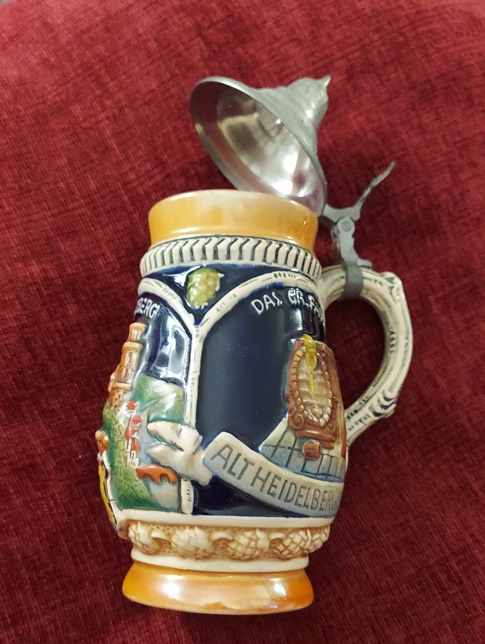 Vintage German Stoneware Beer Stein with Pewter Lid - Blue & Amber
